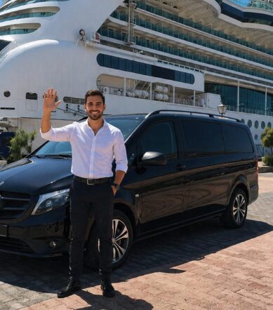 waiting guide with van cruise ships mykonos